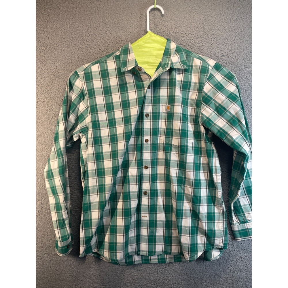 Men's Large Carhartt Button Shirt Relaxed Fit Long ‎ Sleeve Blue Cream Plaid